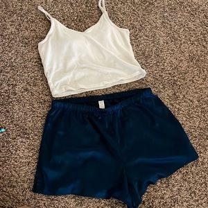 Pajama Set - Navy Satin Shorts - White cami